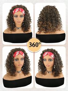 14inch HeadBand Wig Kinky Curly Wig For Women,  Deep Wave Headband Wig Glueless Half Wigs Synthetic Hair Curly  Headband Wig 1B/27# - 1b/27# - 查看 6
