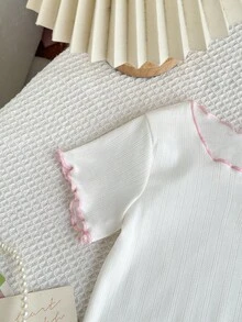 2pcs Girls Cute Embroidered Strawberry Plaid Ruffle Trim Set, For Summer - Pink - View 4