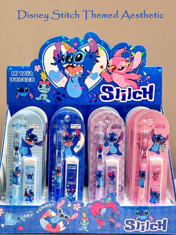Disney 10pcs Disney Back-To-School Galaxy Edition | Stitch Running & Winking 0.5mm Cute Mechanical Pencil Set With High-Gloss Coating & Cushion Spring Tip - Diamond-Patterned Soft Grip Anti-Slip Ergonomic Design For Kids, Ignite Your Interstellar Study Journey School Supplies,Back To School