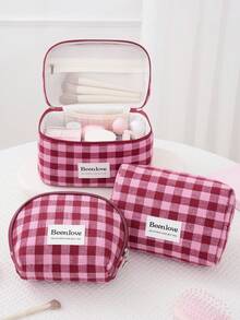 1 pieza/Set Bolsa de cosméticos a cuadros retro Y2K, bolsa de maquillaje a cuadros rosa y blanca linda para damas, bolsa de cosméticos con cremallera de gran capacidad, bolsa de viaje a cuadros casual para almacenamiento, bolsa de cosméticos esencial para viajes y vacaciones, puede almacenar toallas sanitarias y tampones, adecuada para el nuevo período escolar, primavera/verano, aniversario, vacaciones, uso diario, festivales, un regalo ideal para mujeres, también una excelente opción de regalo de Navidad - Rosa Fucsia - Ver 2