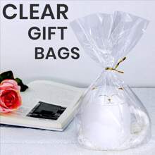 50 unidades/100 unidades Bolsas con fondo con pliegue de 8" x 11", 6" x 9", de celofán transparente tipo cello para dulces y regalos, con 50/100 lazos retorcidos, para embalaje de regalos y favores de fiesta