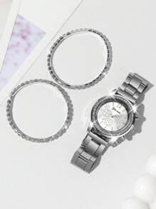 3 Stücke modische und vielseitige Quarzuhr für Frauen mit Drei-Augen-Zifferblatt, Stahlarmband, Diamanten, Kreisförmiges Zifferblatt, Stahlarmband, digitale Skala, Strass-Schmuckarmband, perfektes Geschenk, geeignet als Urlaubsgeschenk, ohne Verpackungsbox