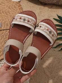 1 Pair Baby/Toddler Girls Beige Flat Sandals, Solid Color PU Strap Strap Hook And Loop Design Open Toe Roman Style Comfortable And Fashion Suitable For 3-12 Years Old Girls Daily, Vacation, Spring/Summer 2025