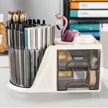 Organisateur de bureau rotatif avec 2 tiroirs, porte-crayon et porte-stylo pour bureau, organisateurs de bureau et accessoires avec 4 compartiments + tiroir pour fournitures de bureau et d'art (blanc)
