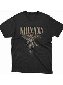 estampado de  con angel,Camiseta casual de cuello redondo y manga corta con estampado,adecuada para uso diario en primavera y verano,unisex - Negro - Ver 1