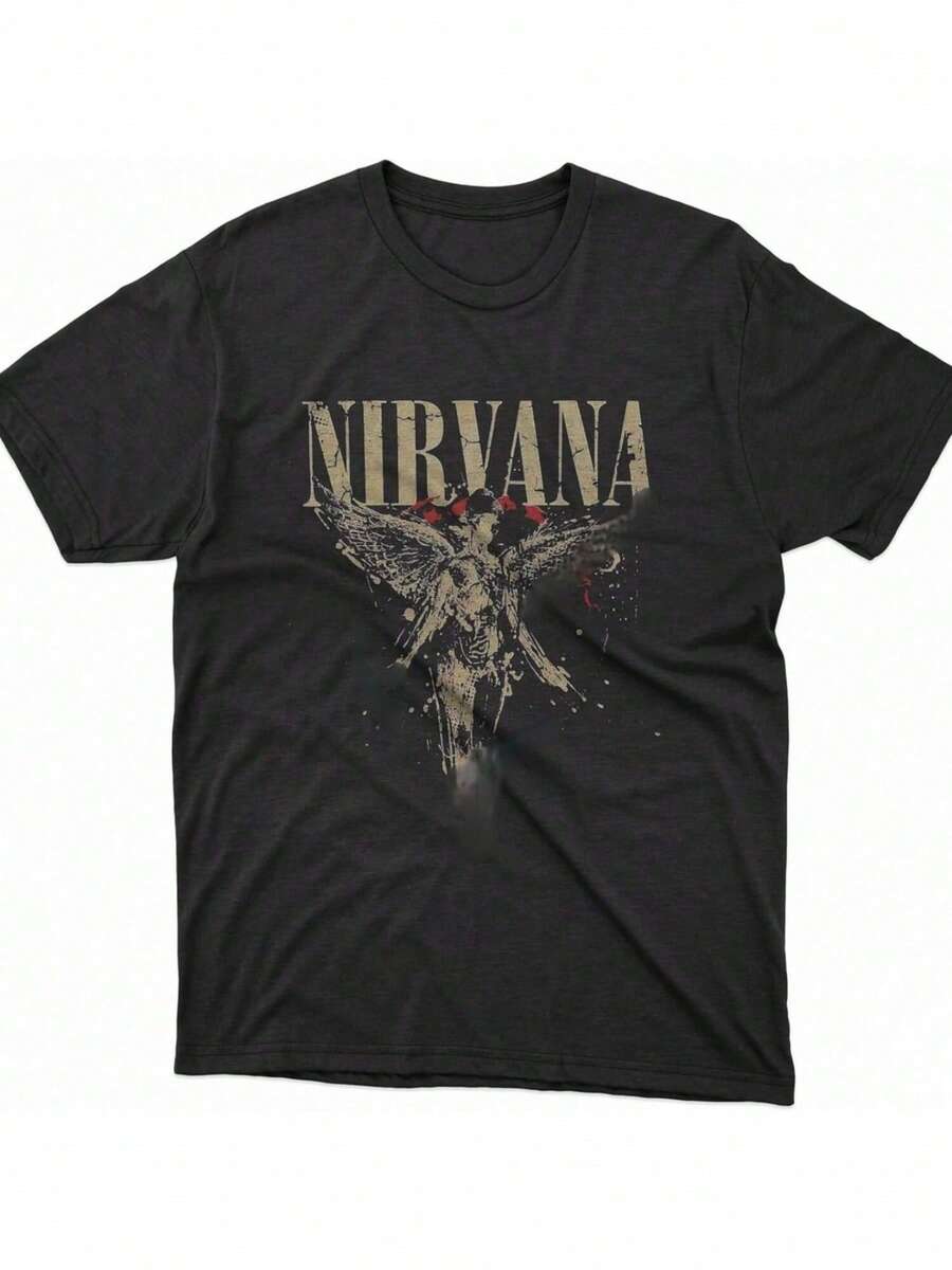 estampado de  con angel,Camiseta casual de cuello redondo y manga corta con estampado,adecuada para uso diario en primavera y verano,unisex - Negro - Ver 1