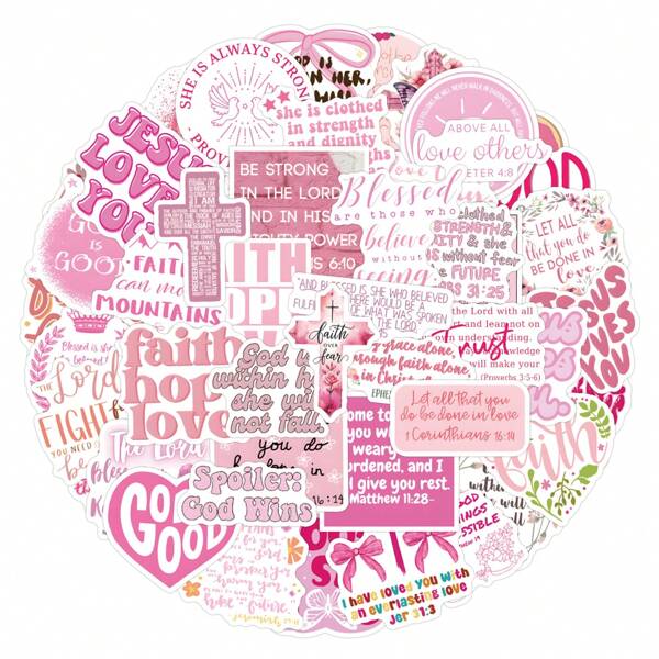 51pcs New Pink Bible Inspirational Handwritten Graffiti Sticker Set For Luggage, Water Bottle, Car Wholesale,School Supplies,Back To School