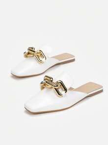 Preppy Style Minimalist Retro Metal Chain Slip-On Flat Loafers - White - View 3