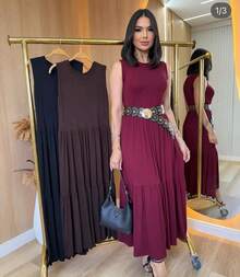 LONG DRESS IN VISCOLYCRA MESH 100% COTTON, ROUND NECK TANK TOP, TRES MARIAS, RUFFLE, BLOGGER FASHION - Burgundy - View 3