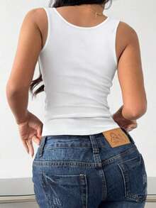 1 件纯色休闲舒适超简约休闲常规宽松运动休闲罗纹针织吊带背心上衣 - 白色 - 查看 5