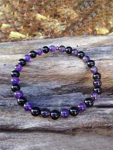 YAUKIA 1 pieza Pulsera de Protección Empática - Amatista y Turmalina Negra - Pulsera de Curación de Cristales Energéticos, Concentración, Claridad, Espiritualidad - Multicolor - Ver 9