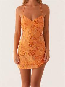 Women Mini Dress Sequins Flower Embroidery Sleeveless Cami Dress Summer Cross Backless Spaghetti Strap Dress - 橘色 - 查看 1