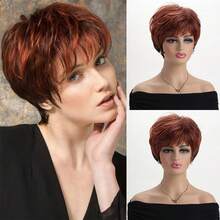 Parrucca corta e riccioluta di colore rosso-marrone misto, in fibra sintetica da 10 pollici, fluffy, adatta per uso quotidiano, vacanze, feste e costumi