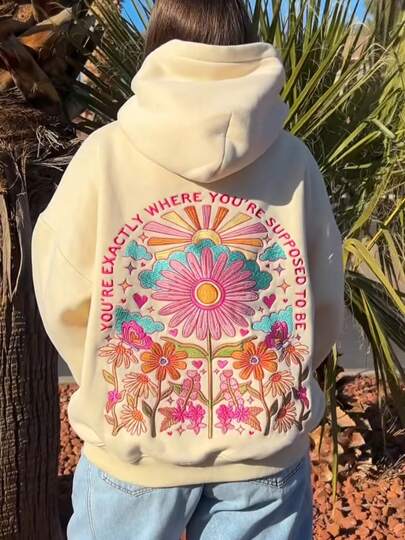 Women's Embroidered Hoodies Casual Cozy Stylish Floral Letter Pattern Long Sleeve Loose Fit Hooded Sweatshirt