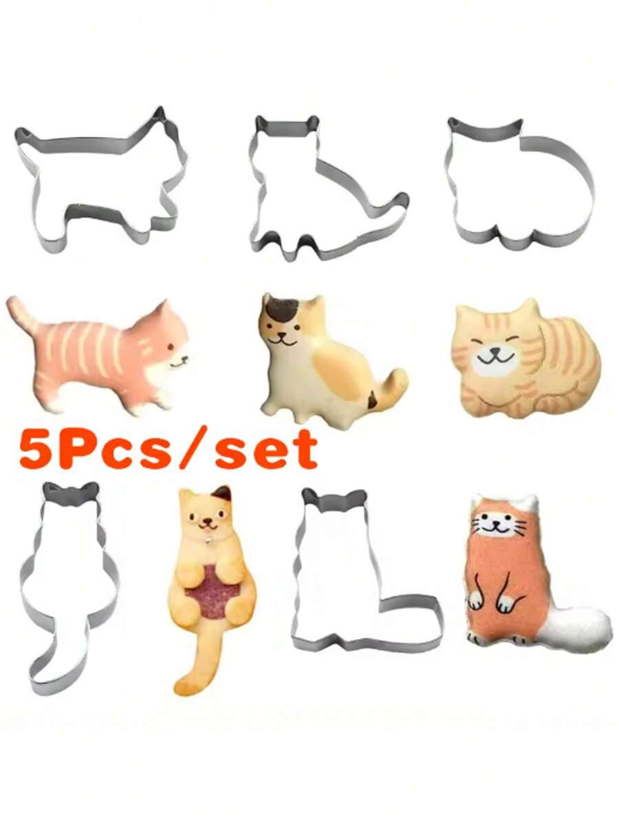 5Pcs/Set Cute Cat Shaped Cookie Cutter Set Sandwiches Fruits Biscuit Cake Mold DIY Biscuit Baking Mold Tool - Silver - View 1