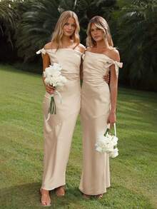 Elegant Off Shoulder Tied Dress - Beige - View 5