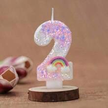 1pc Unicorn Theme Shiny Powder White Sequin Decor Gradient Cute Tricolor Rainbow Cloud, Symbolizing Romantic Happiness, Creative Handmade DIY Cake Topper Numbers 0-9 Happy Birthday Celebration, Interesting Glitter Birthday Candles Cake Decor