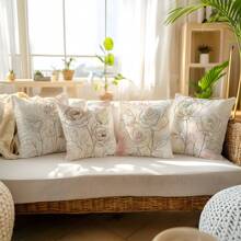 4pcs/Set Bohemian Line Rose Print Throw Pillow Covers, 17.7*17.7in (45*45cm), Single-Sided Printing, Polyester Cushion Covers For Sofa, Bed, Living Room, Bedroom, Car, Office, Hotel Decoration, Great Gift For Family And Friends, All-Season