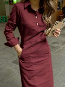 春秋新款时尚优雅翻领纽扣长袖女式阿拉伯连衣裙 - 中紫紅色 - 查看 7