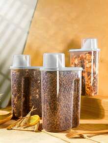 1pc Food Storage Container With 1pc Foldable Bowl, Plastic Transparent Material Pet Food Sealed Canister With Measuring Cup, Snack Divider Storage Box For All Seasons - Pink - View 2