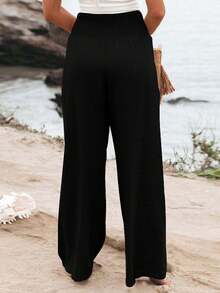 女士简约大码斜口袋阔腿裤，春秋休闲百褶裤，女装