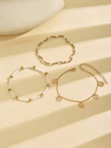 3pcs Stylish Bohemian Multilayer Beaded Sequin Anklet, Suitable For Women Beach Party Wear (Random Accessory Placement)