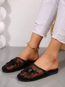 女式黑色穆勒拖鞋，带刺绣网眼细节，露背，平底，优雅休闲室内/室外透气舒适平底凉鞋 - 黑色 - 查看 2