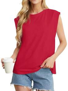 GRECERELLE Women 2025 Cap Sleeve Tops Summer Casual Tee Shirt Loose Crew Neck Basic Tank  Work Vacation Outfits (S-2XL) - Red - View 5