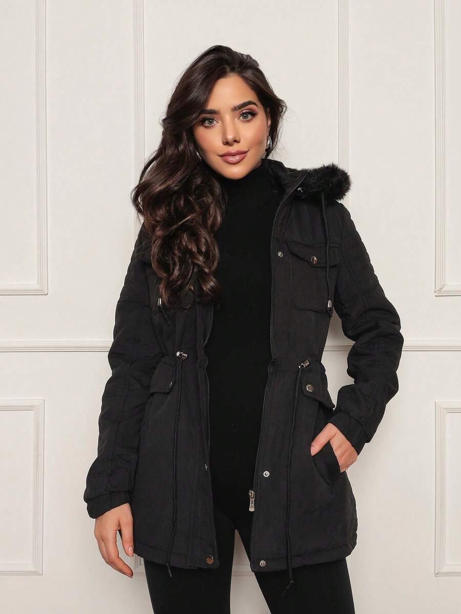 Women's Twill Parka Coat Plush Lined Overcoat Winter Fashion - 黑色 - 查看 1