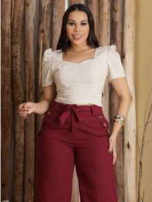 Women's Pantacourt Linen High Waist Trousers With Bow And Pockets - لون كستنائي - مشاهدة 6