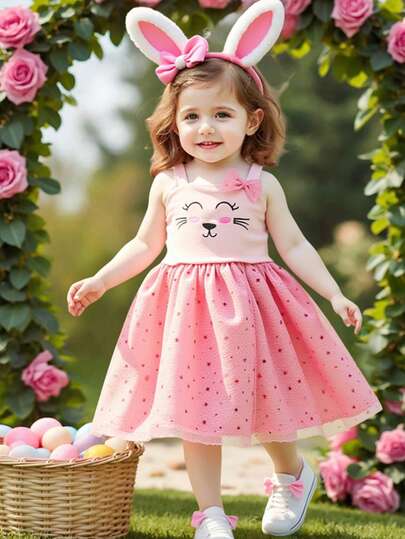 Rosa tierno estampado adorable ideal cumpleaños sesiones fotos fiestas temáticas eventos especiales diseño sin mangas falda amplia rostro gatito moño lentejuelas corazones rosados estilo romántico infantil festivo tela algodón poliéster textura suave ligera fresca cómoda flexible outfit alegre femenino fotogénico ideal primavera verano combinación diadema zapatos bailarina sandalias vestido corazones niña vestido tierno bebé vestido lindo bebé vestido para fiesta vestido cumpleaños niña vestido primavera verano divertido infantil con diseño tierno con falda amplia ara de gatito elegante moderno infantil