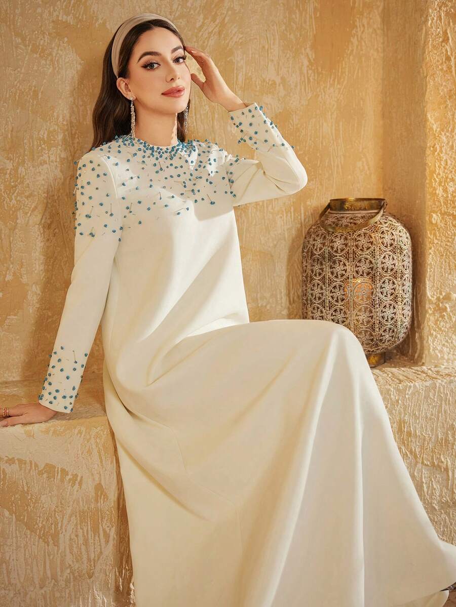 宽松串珠长袖连衣裙晚礼服 - 白色 - 查看 1