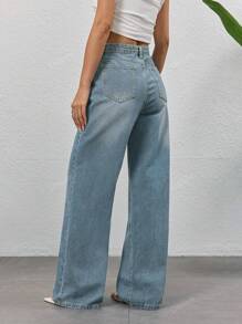 Pantalones vaqueros rectos y sueltos de diseño casual de primavera y verano con botones en diagonal para mujeres, estilo retro azul