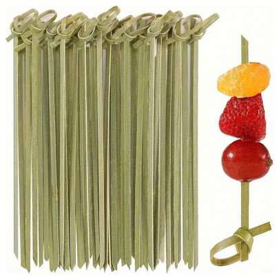 20/50/100/200pcs Bamboo Knotted Flower Fruit Toothpicks, For Snack Beverage Decoration, Handmade Food Picks With Loop, Suitable For Party, Christmas, Wedding, BBQ