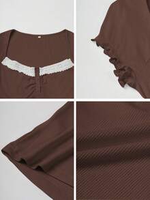 Y2K Preppy Style Women's Summer Casual Lace Patchwork Crew Neck Short Sleeve Knit T-Shirt, Brown - Brown - View 11