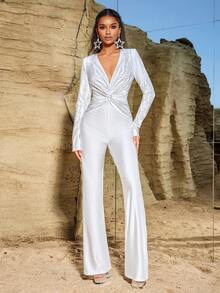 Elegant Twisted Rhinestone Embellished Flared Jumpsuit, Suitable For Party, Holiday Event Attire - White - View 2