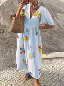新款时尚随机印花 V 领可爱泡泡袖宽松休闲女装，波西米亚风格度假连衣裙，春夏 - 淺藍色 - 查看 2