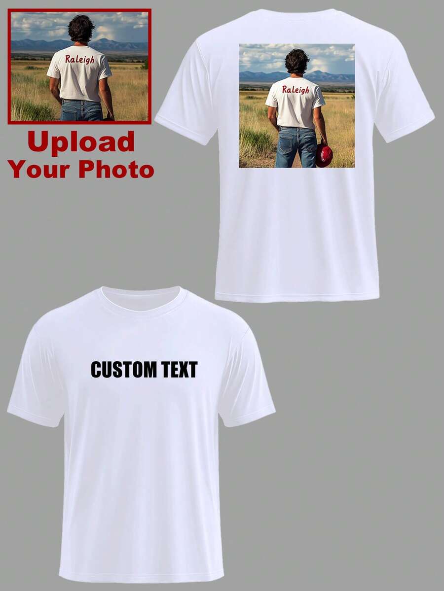 定制男士 T 恤，输入您的文字/祝福/有趣的内容，上传您自己/爱人/最好的朋友/宠物/风景的照片，白色 T 恤，情人节，节日礼物，周年纪念礼物，公司制服，音乐节，送给他的礼物，男士圆领短袖 T 恤，派对，男士黑色短袖 - 白色 - 查看 1