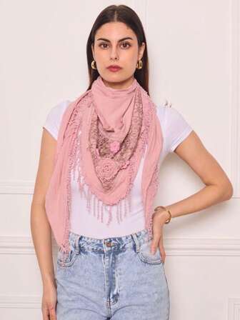 Polyester Fringed Scarf With Lace And 4 Textured Flower Patterns