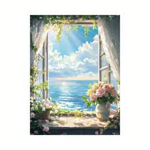 Kit da ricamo in diamanti 5D con scena di lago tranquillo - kit completo con puntini rotondi, scena di una barca e di una finestra su tela, decorazione per la casa vivace, nuovo kit di pittura di diamanti