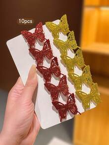 10pcs Gold & Red Shiny Bowknot Hollow Delicate Cute Sweet Style Hair Clips, Suitable For Daily Use - Multicolor - View 7