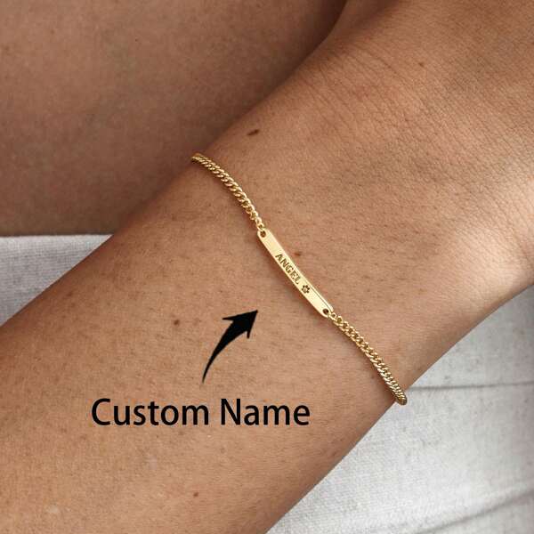 Pulseira minimalista gravada com corrente | Pingente com nome personalizado | Pulseira empilhável com nome delicado e personalizado | Presente para quem ama animais de estimação, dourado, elegante, colorido, vintage, simples, unissex, casual, fofos, personalizado, único, presentes ideais para ele, presentes ideais para ela, namorado, namorada, pai, mãe, família, amigos, para aniversários, para formatura, para baile de formatura, para festa, joias, joias