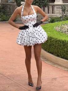 女士优雅性感波尔卡圆点吊带连衣裙，120克梭织面料，夏季 - 白色 - 查看 6