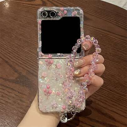 可爱粉色花朵贝壳手机壳带闪光手链适用于三星 Galaxy Z Flip 5 6 Z Flip6 ZFlip7 ZFlip 5 Zflip6 Zflip5 防震后盖防水防摔防刮