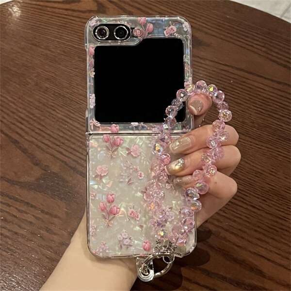Süße rosafarbene Blumen-Muschel-Handyhülle mit Glitzerarmband kompatibel mit Samsung Galaxy Z Flip 5 6 Z Flip6 ZFlip7 ZFlip 5 Zflip6 Zflip5, stoßfeste Rückseite