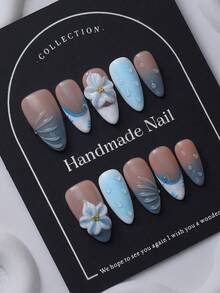 10 件杏仁形 3D 花卉指甲按压式美甲，手绘蓝色海洋风格，Y2K 和 Ins 女孩时尚，优雅设计适合女性和女孩按压式指甲美甲用品 - 藍色 - 查看 3