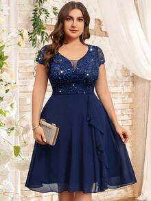 Vestido corto de gasa con cuello de pico profundo, encaje con lentejuelas, volante de contraste y bajo en línea A, ideal para fiestas, graduación, boda informal y cumpleaños - Azul Marino - Ver 1