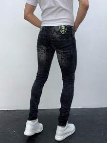 Men's Black Acid-Washed Skinny Jeans With Crocodile Texture & Ripped Detail - Black - View 2