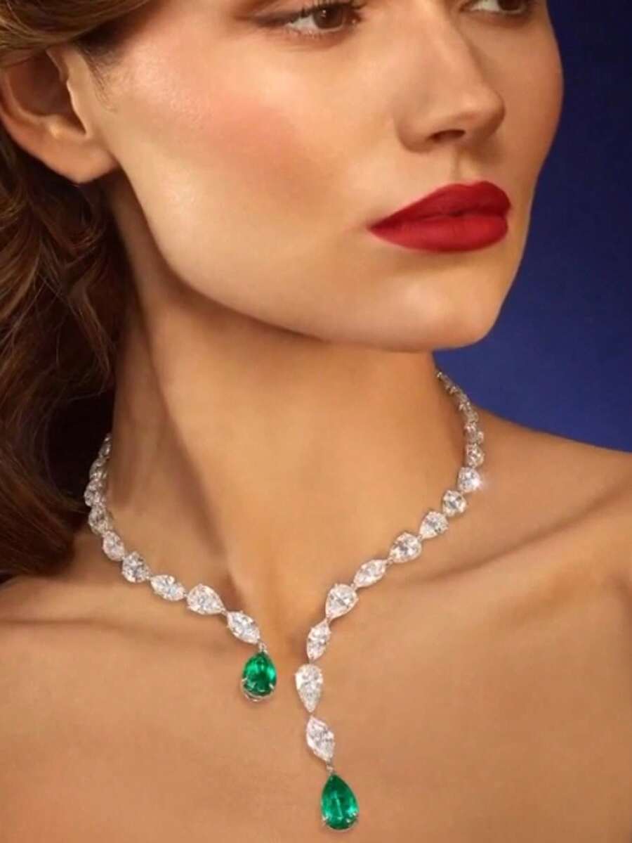 STONEFANS XSBODY 水滴领项链吊坠 女士奢华珠宝可调节水晶开口项链 颈链 婚礼水钻 - 銀綠 - 查看 1