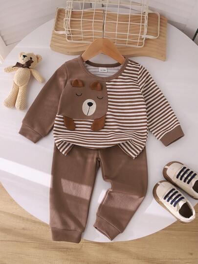 2pcs/Set Cute Bear Pattern Striped Patchwork Soft Comfortable Long Sleeve T-Shirt And Matching Straight Leg Pants, Casual Outfit For Baby Boys
